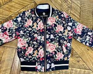 Beau Hudson Floral Bomber Jacket Size 3 Navy Pink Rose Zip Up Coat